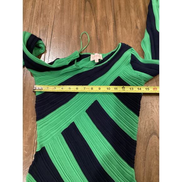 Ciebon Osha Directional Stripe Long Sleeve Asymmetric Knit Dress In Green/navy S - Picture 8 of 12